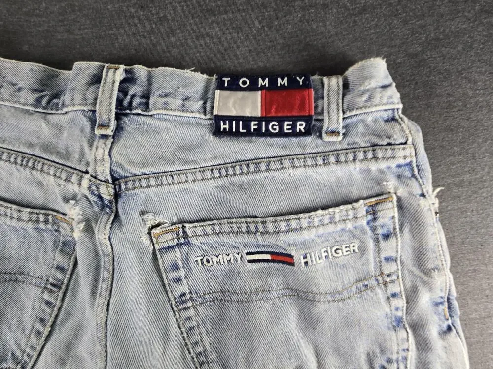 Vintage 90s Tommy Hilfiger Shorts Mens 33 Blue Denim Distressed Cutoff Jorts